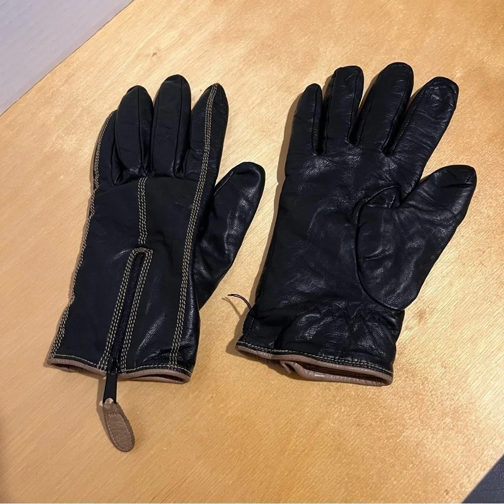 Vintage Fratelli Forino Gloves Size Women 7.5 Black Brown Cashmere Lined Leather